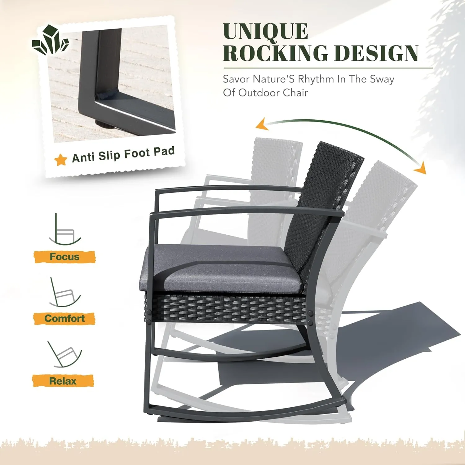 Devoko PP Patio Furniture Set 3 Piece All Weather Outdoor Rocking Chairs with Cushions and Coffee Table for Bistro Balcony Porch (Gray)