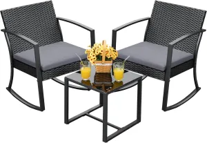 Devoko PP Patio Furniture Set 3 Piece All Weather Outdoor Rocking Chairs with Cushions and Coffee Table for Bistro Balcony Porch (Gray)