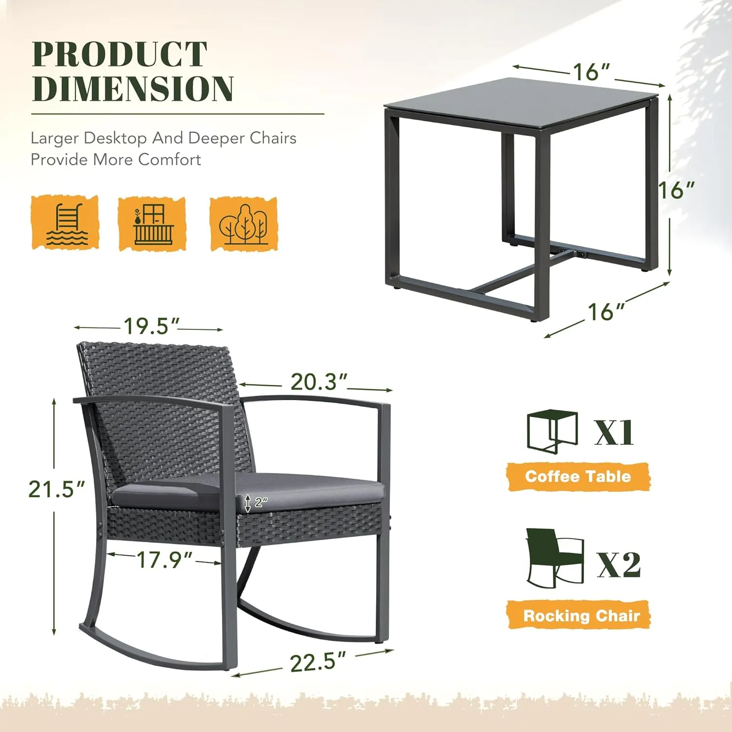 Devoko PP Patio Furniture Set 3 Piece All Weather Outdoor Rocking Chairs with Cushions and Coffee Table for Bistro Balcony Porch (Gray)