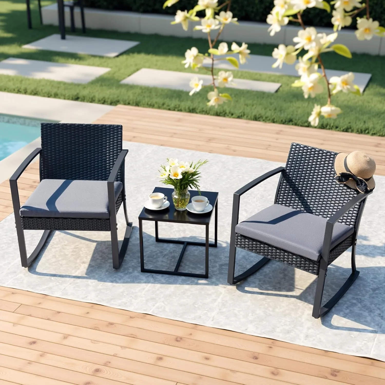 Devoko PP Patio Furniture Set 3 Piece All Weather Outdoor Rocking Chairs with Cushions and Coffee Table for Bistro Balcony Porch (Gray)