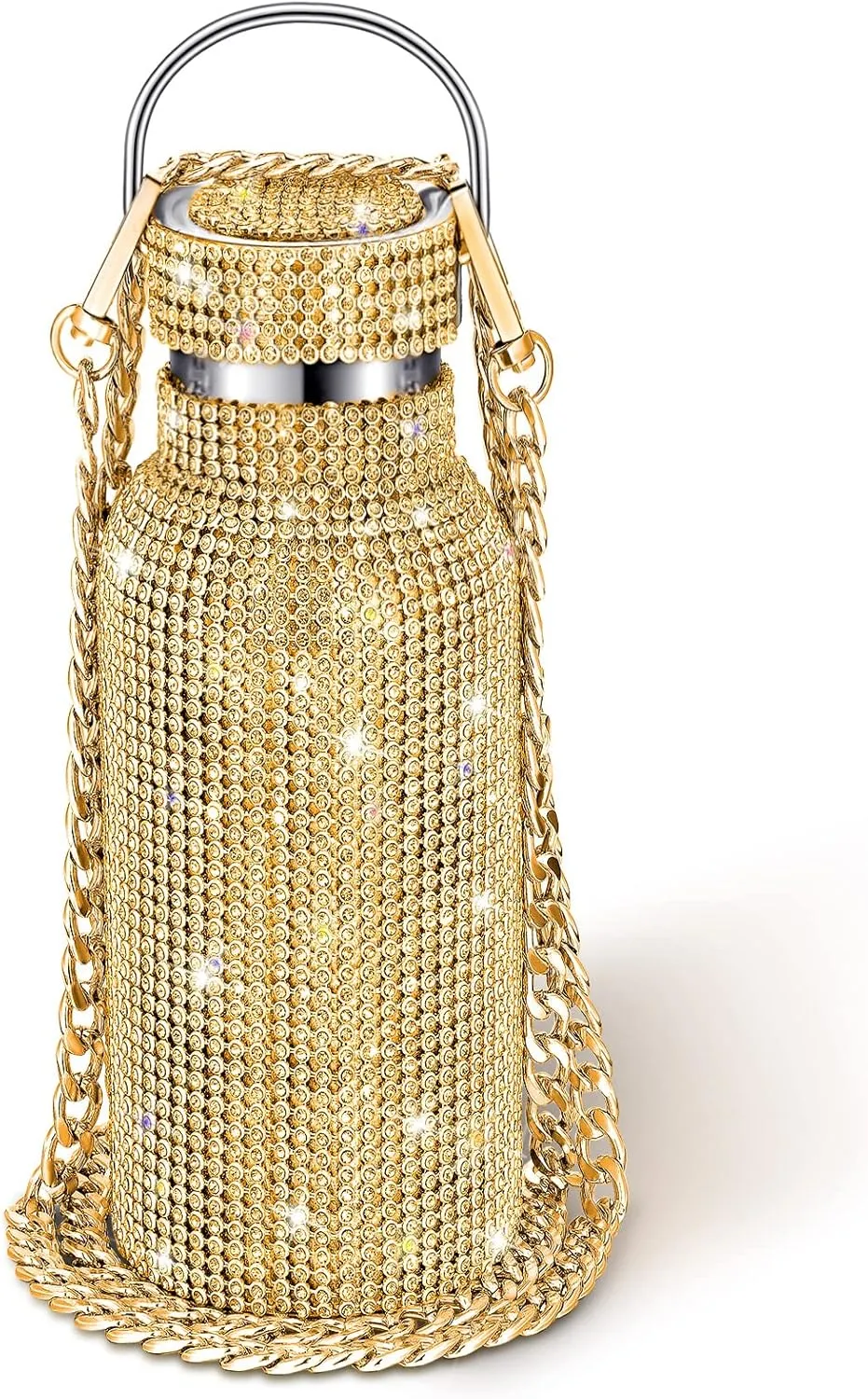 Diamond Water Bottle Bling Rhinestone Stainless Steel Thermal Bottle Refillable Insulated Glitter Water Jug with Chain for Women Girls Gifts(500 ml,Gold)