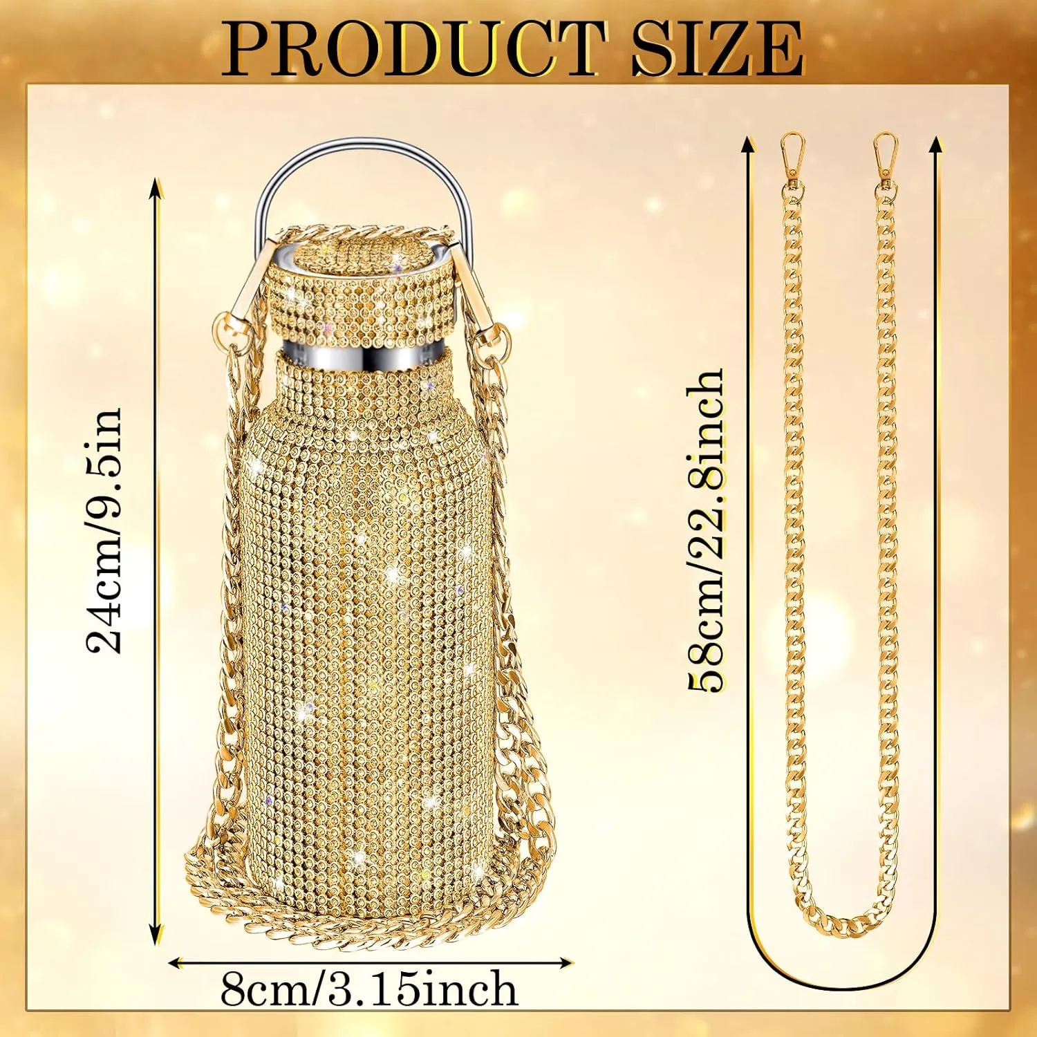 Diamond Water Bottle Bling Rhinestone Stainless Steel Thermal Bottle Refillable Insulated Glitter Water Jug with Chain for Women Girls Gifts(500 ml,Gold)