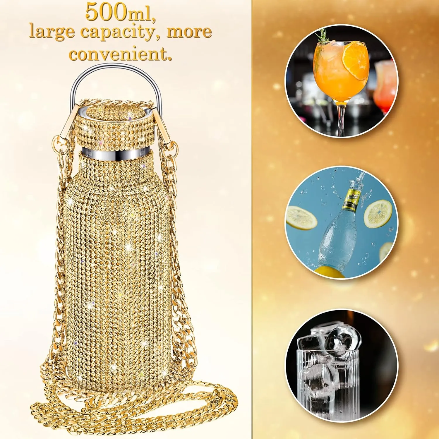 Diamond Water Bottle Bling Rhinestone Stainless Steel Thermal Bottle Refillable Insulated Glitter Water Jug with Chain for Women Girls Gifts(500 ml,Gold)