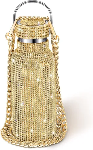 Diamond Water Bottle Bling Rhinestone Stainless Steel Thermal Bottle Refillable Insulated Glitter Water Jug with Chain for Women Girls Gifts(500 ml,Gold)
