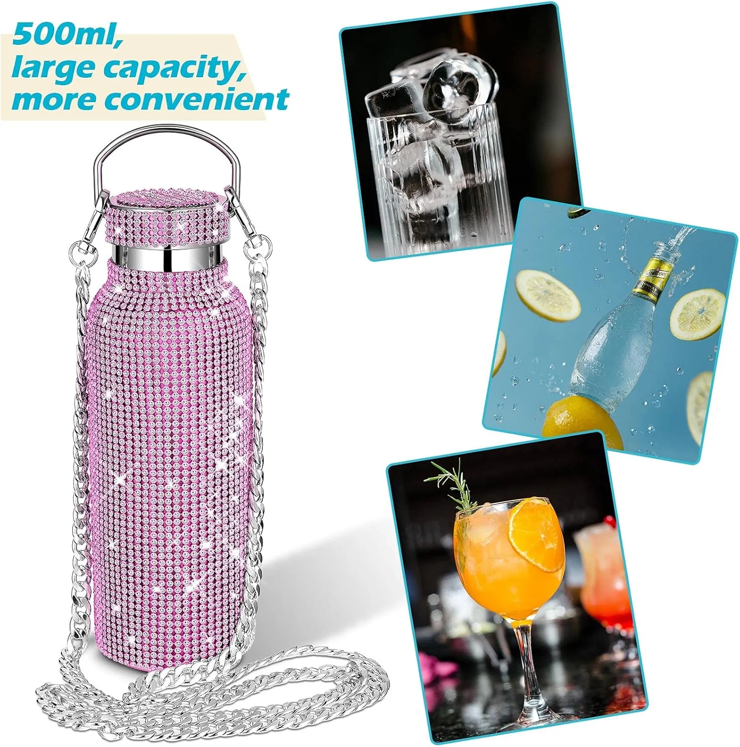 Diamond Water Bottle Bling Rhinestone Stainless Steel Thermal Bottle Refillable Insulated Glitter Water Jug with Chain for Women Girls Gifts(500 ml,Pink, Silver)