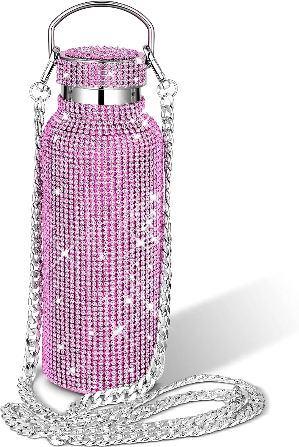 Diamond Water Bottle Bling Rhinestone Stainless Steel Thermal Bottle Refillable Insulated Glitter Water Jug with Chain for Women Girls Gifts(500 ml,Pink, Silver)