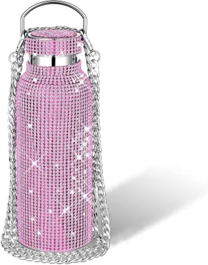 Diamond Water Bottle Bling Rhinestone Stainless Steel Thermal Bottle Refillable Insulated Glitter Water Jug with Chain for Women Girls Gifts(500 ml,Pink, Silver)
