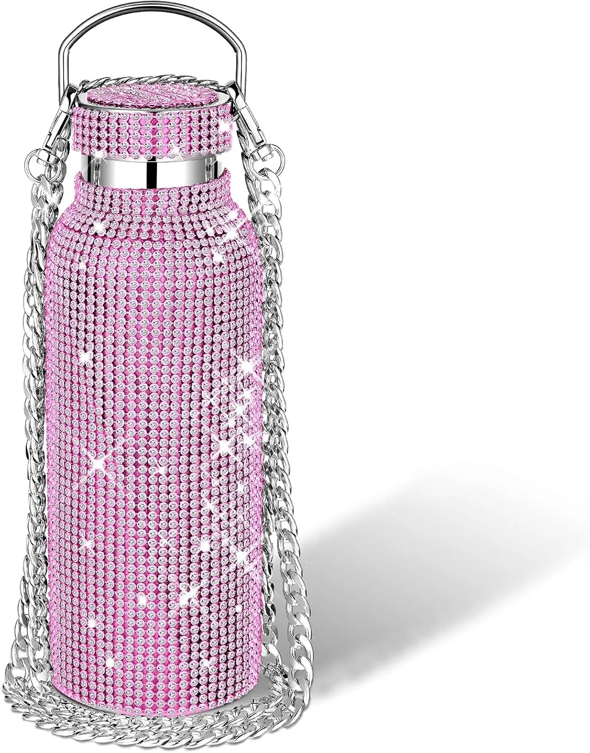 Diamond Water Bottle Bling Rhinestone Stainless Steel Thermal Bottle Refillable Insulated Glitter Water Jug with Chain for Women Girls Gifts(500 ml,Pink, Silver)