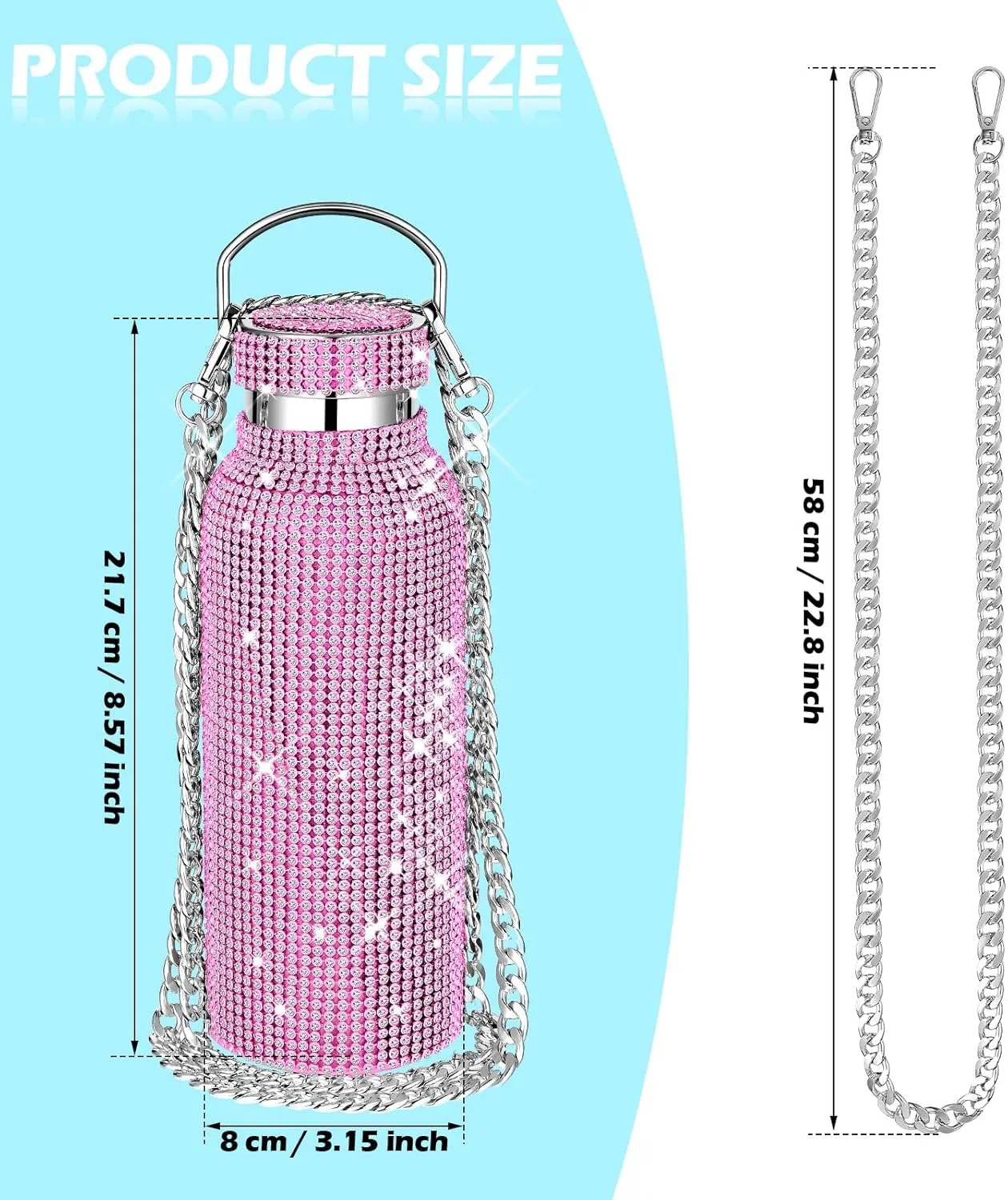 Diamond Water Bottle Bling Rhinestone Stainless Steel Thermal Bottle Refillable Insulated Glitter Water Jug with Chain for Women Girls Gifts(500 ml,Pink, Silver)