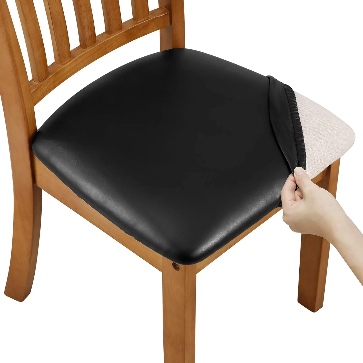 Dining Chair Seat Covers 4 PCS, Solid Pu Leather Waterproof Seat Cushion Cover Oilproof Stretch Dining Chair Protctor Slipcover (Dark Black, 4 PCS)