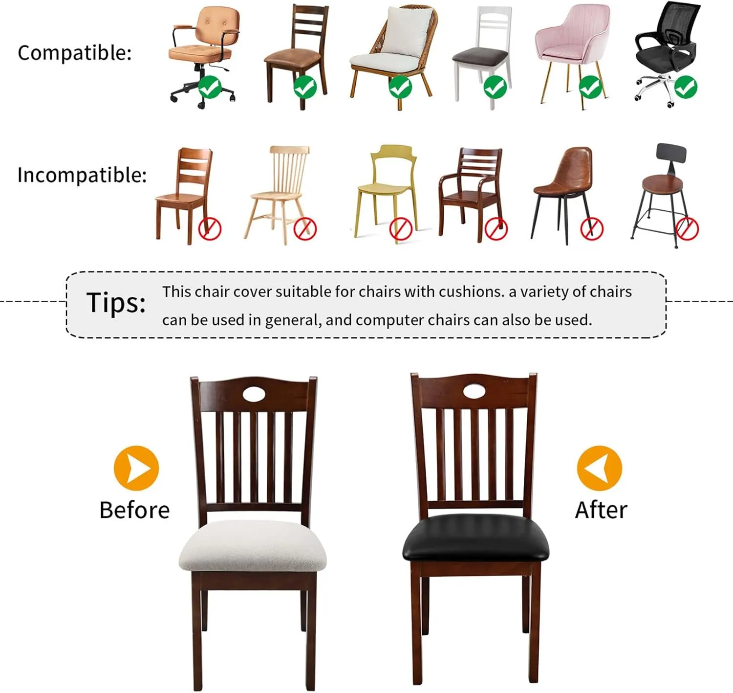 Dining Chair Seat Covers 4 PCS, Solid Pu Leather Waterproof Seat Cushion Cover Oilproof Stretch Dining Chair Protctor Slipcover (Dark Black, 4 PCS)