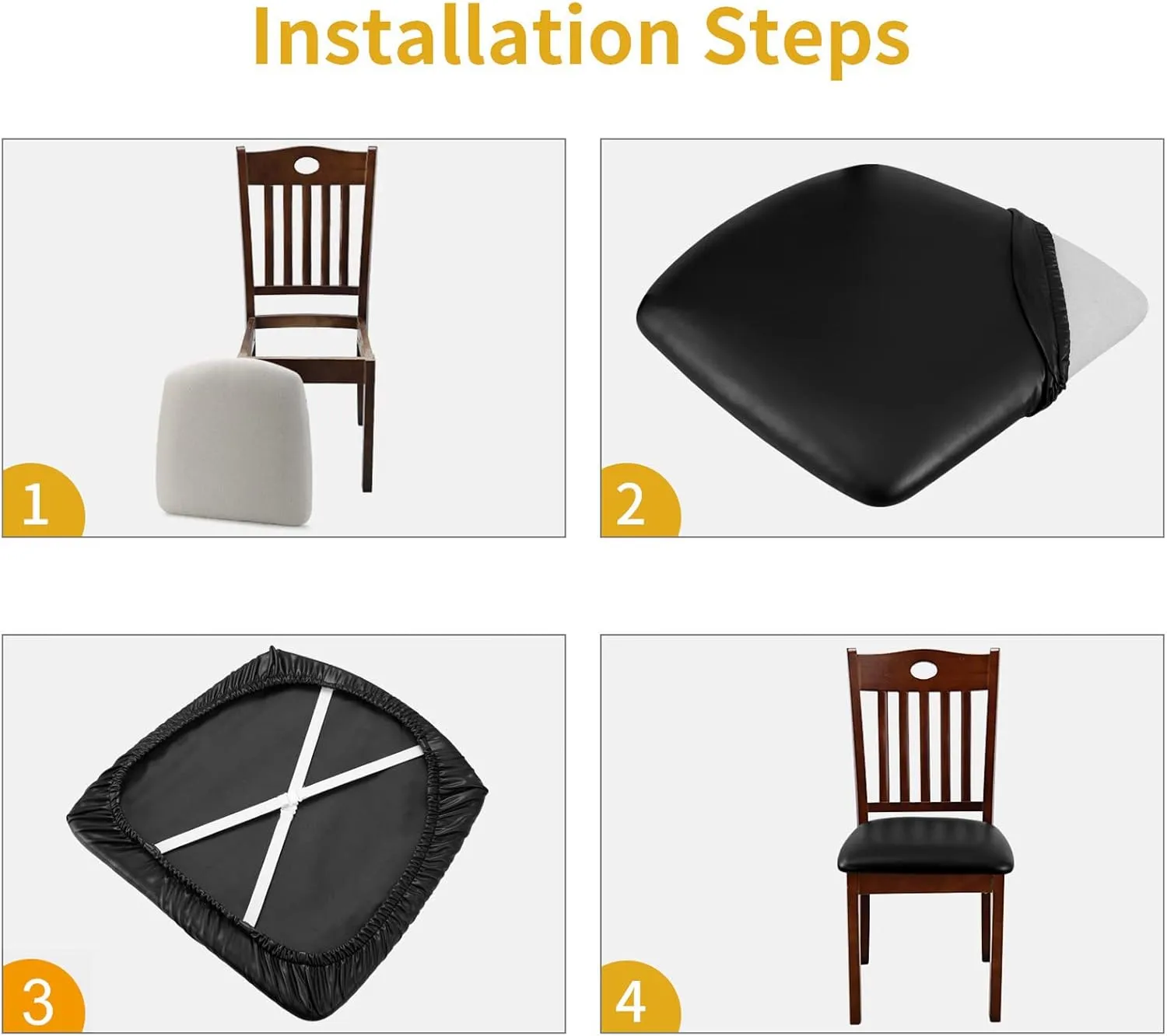 Dining Chair Seat Covers 4 PCS, Solid Pu Leather Waterproof Seat Cushion Cover Oilproof Stretch Dining Chair Protctor Slipcover (Dark Black, 4 PCS)