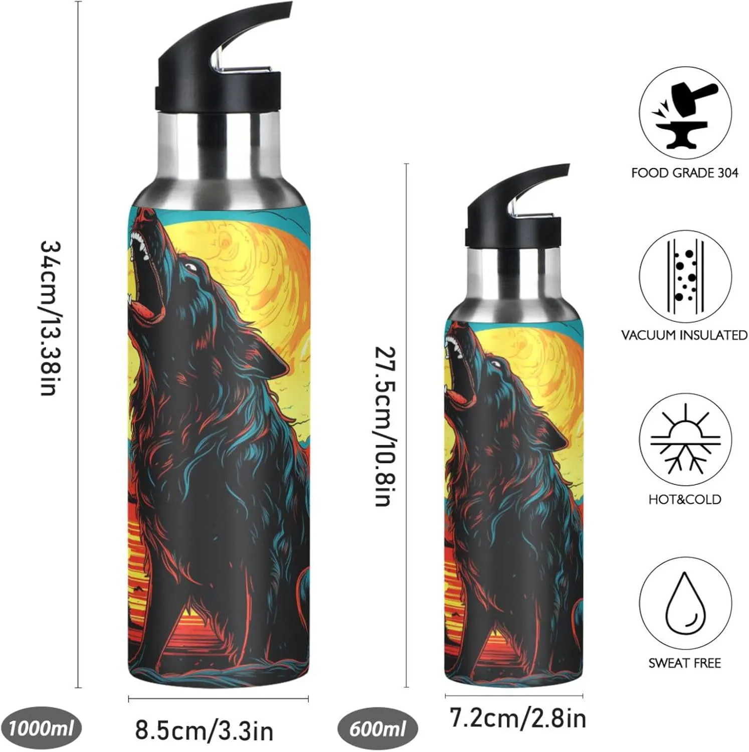 Dog Howling Moon Art Sport Water Bottle Insulated Stainless Steel Large Vacuum Flask Leak Proof Thermos with Straw for Travel(600ml/1000ml)