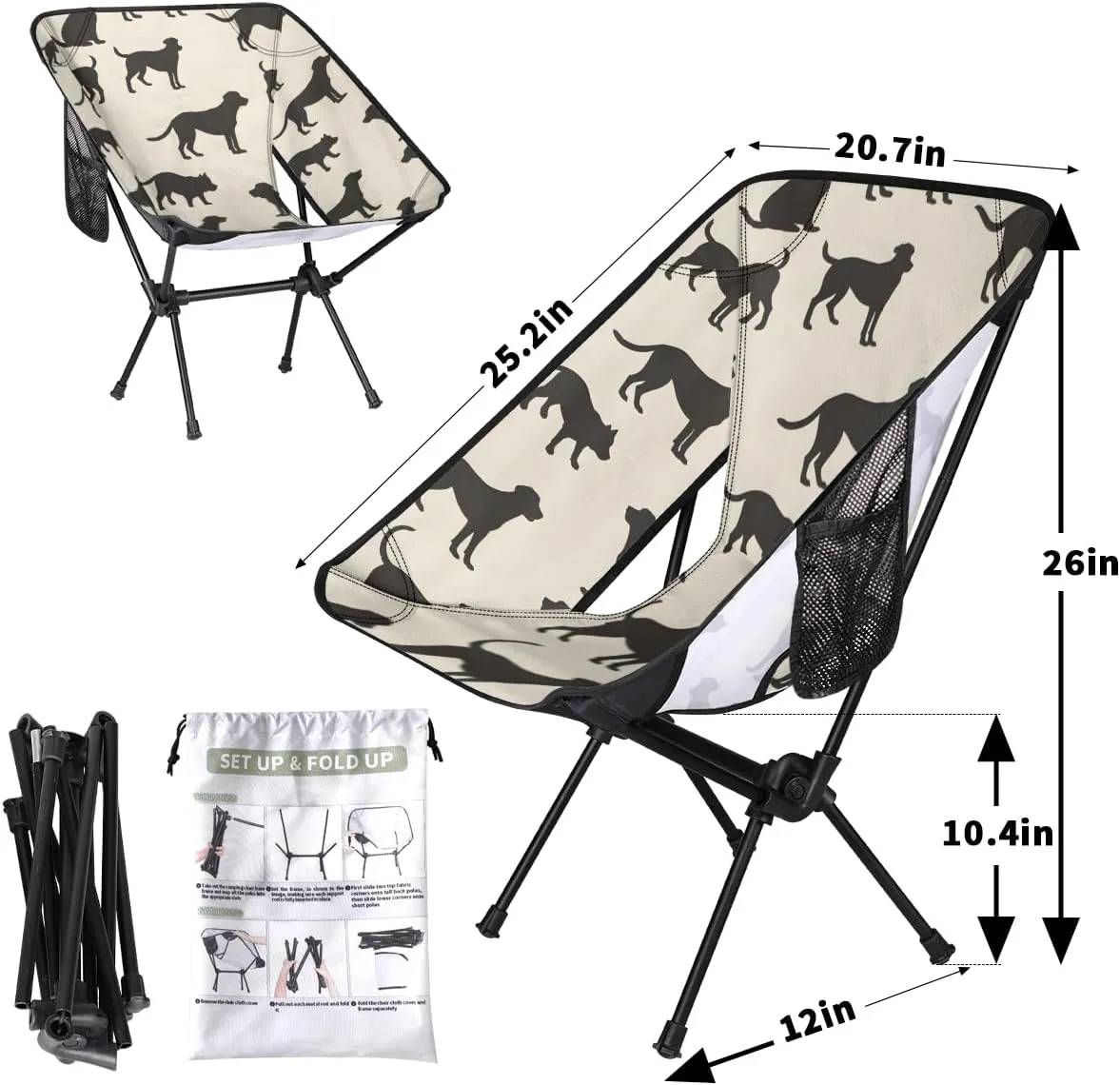 Dog Pattern Camping Chair Lightweight Folding Chair Portable Compact for Outdoor, Travel, Beach, Hiking Backpacking