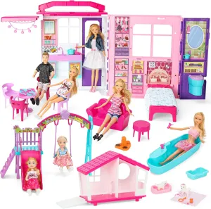 Doll House Portable & Foldable Dollhouse w/ 60  Pcs & 2 Dolls, Play House Toy with Bedroom Bathroom Kitchen Furniture Playset, Playhouse Birthday Gift for Girl Kid Toddler