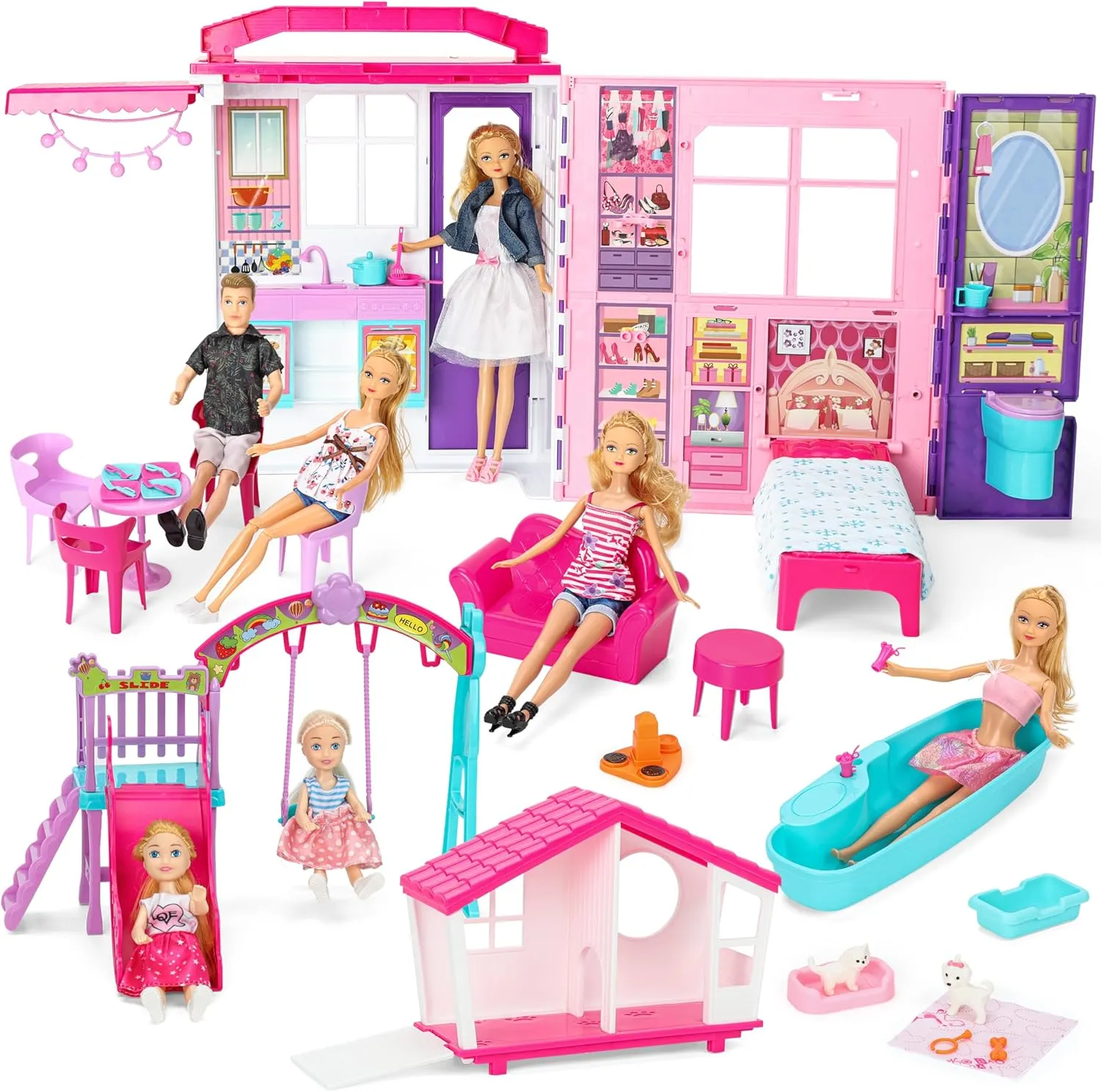 Doll House Portable & Foldable Dollhouse w/ 60  Pcs & 2 Dolls, Play House Toy with Bedroom Bathroom Kitchen Furniture Playset, Playhouse Birthday Gift for Girl Kid Toddler