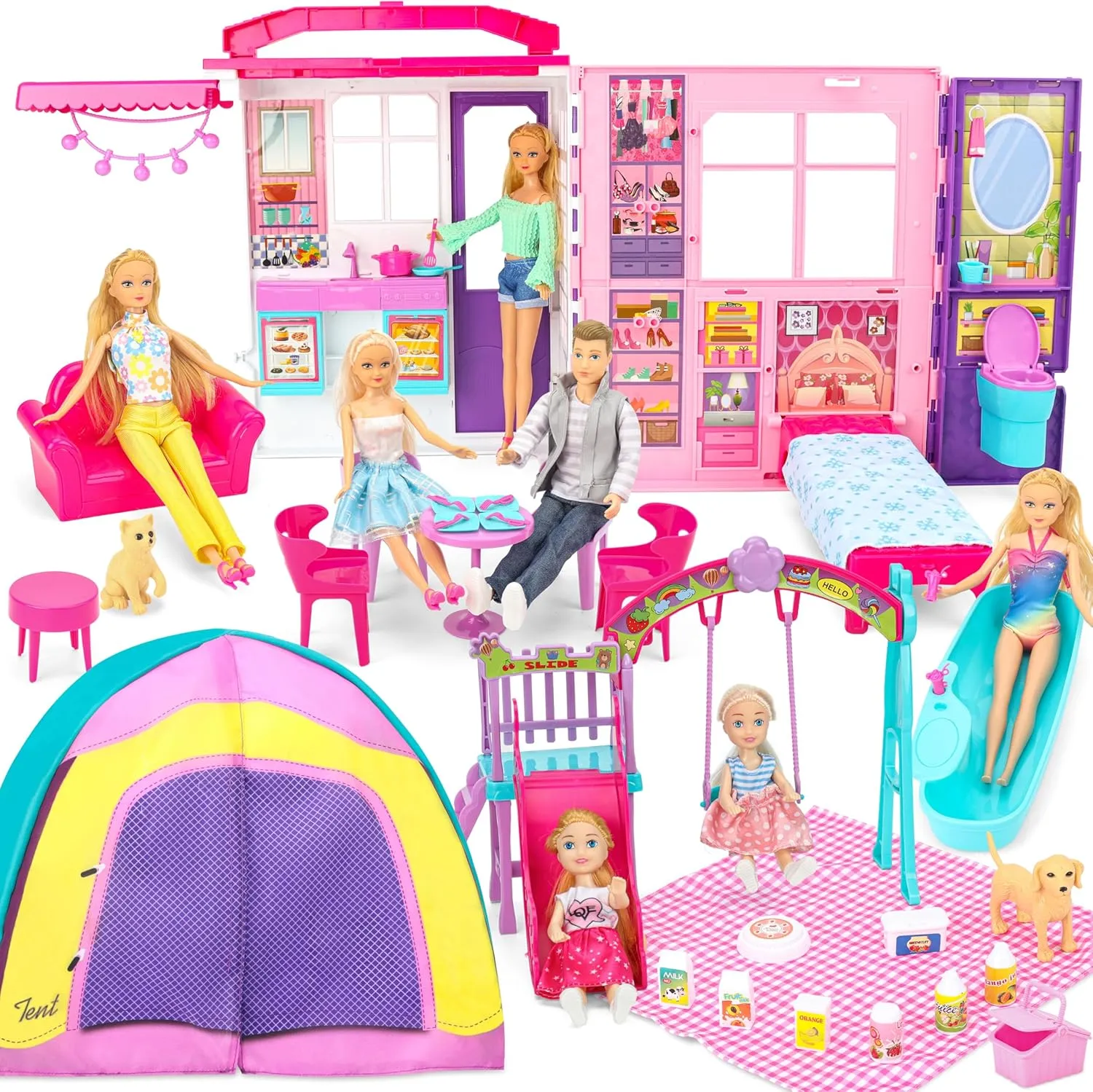 Doll House Portable & Foldable Dollhouse w/ 60  Pcs & 2 Dolls, Play House Toy with Bedroom Kitchen Furniture Camping Playset, Playhouse Birthday Gift for Girl Kid Toddler