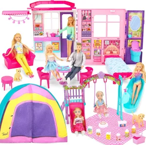 Doll House Portable & Foldable Dollhouse w/ 60  Pcs & 2 Dolls, Play House Toy with Bedroom Kitchen Furniture Camping Playset, Playhouse Birthday Gift for Girl Kid Toddler