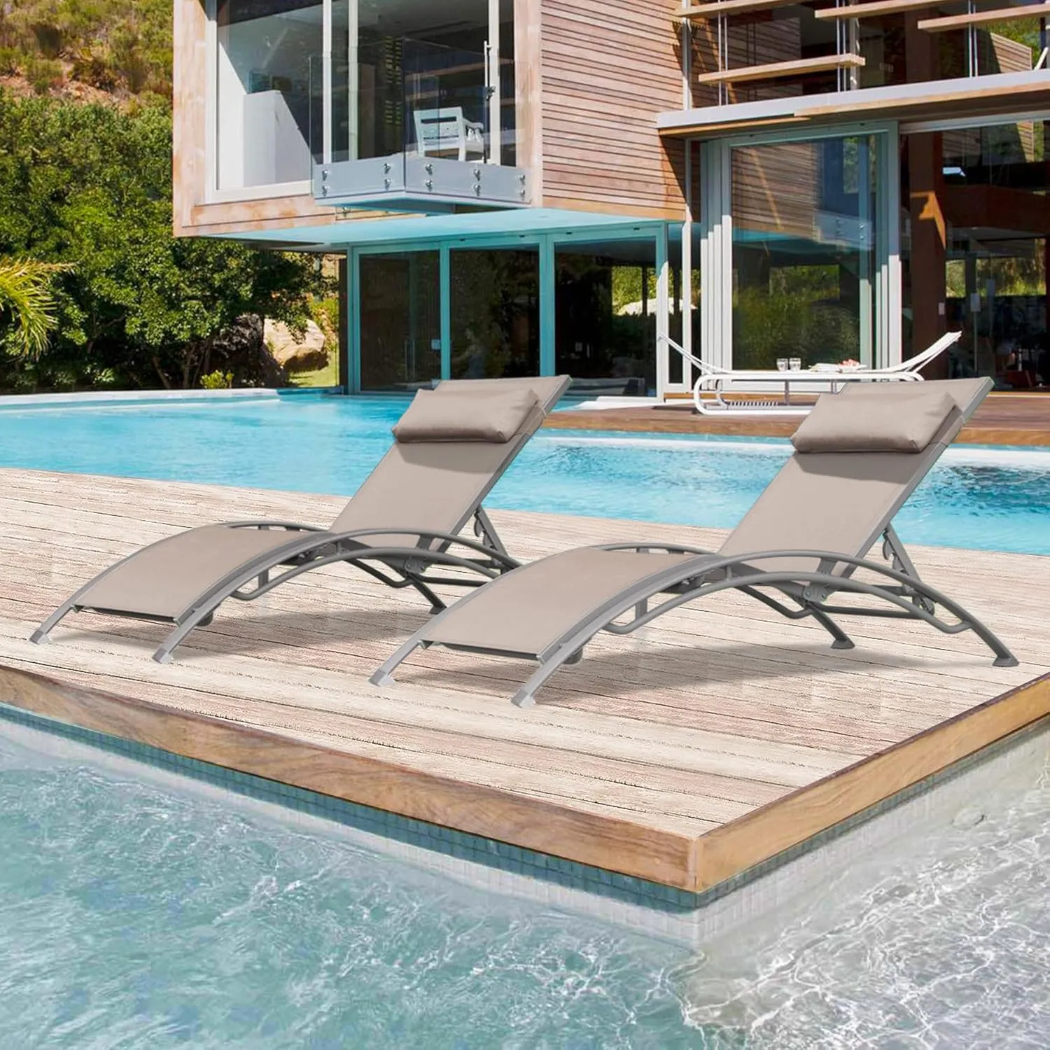 Domi Outdoor Chaise Lounge Set of 2 Patio Recliner Chairs with Adjustable Backrest and Removable Pillow for Indoor&Outdoor Beach Pool Sunbathing Lawn Khaki