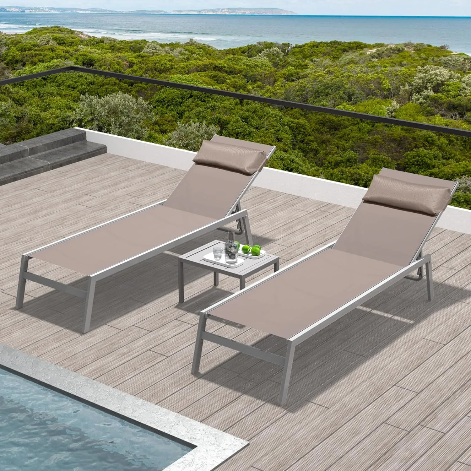 Domi Patio Chaise Lounge Set of 3,Aluminum Adjustable Pool Lounge Chairs with Side Table,Sunbathing Lounger for Deck Lawn Patio Backyard,Textilene - Khaki