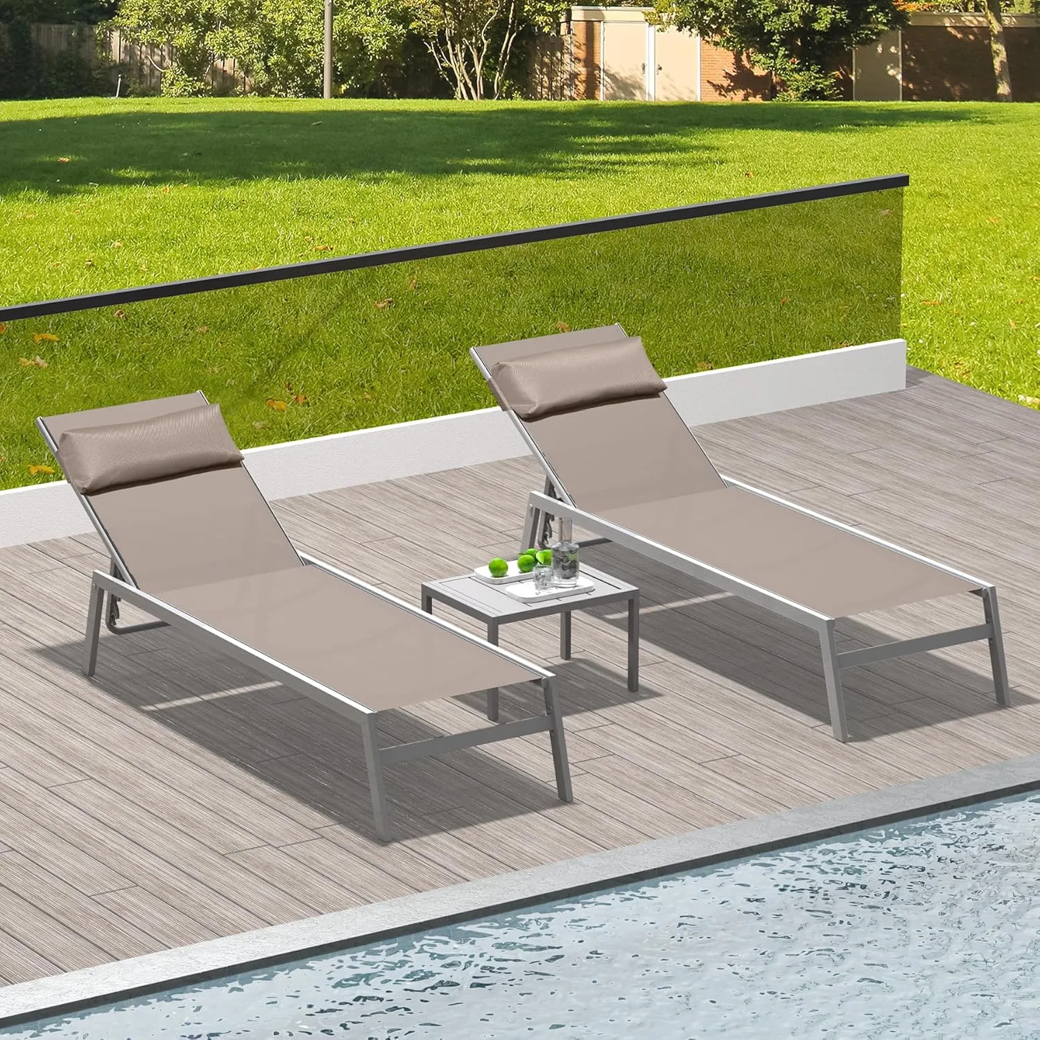 Domi Patio Chaise Lounge Set of 3,Aluminum Adjustable Pool Lounge Chairs with Side Table,Sunbathing Lounger for Deck Lawn Patio Backyard,Textilene - Khaki