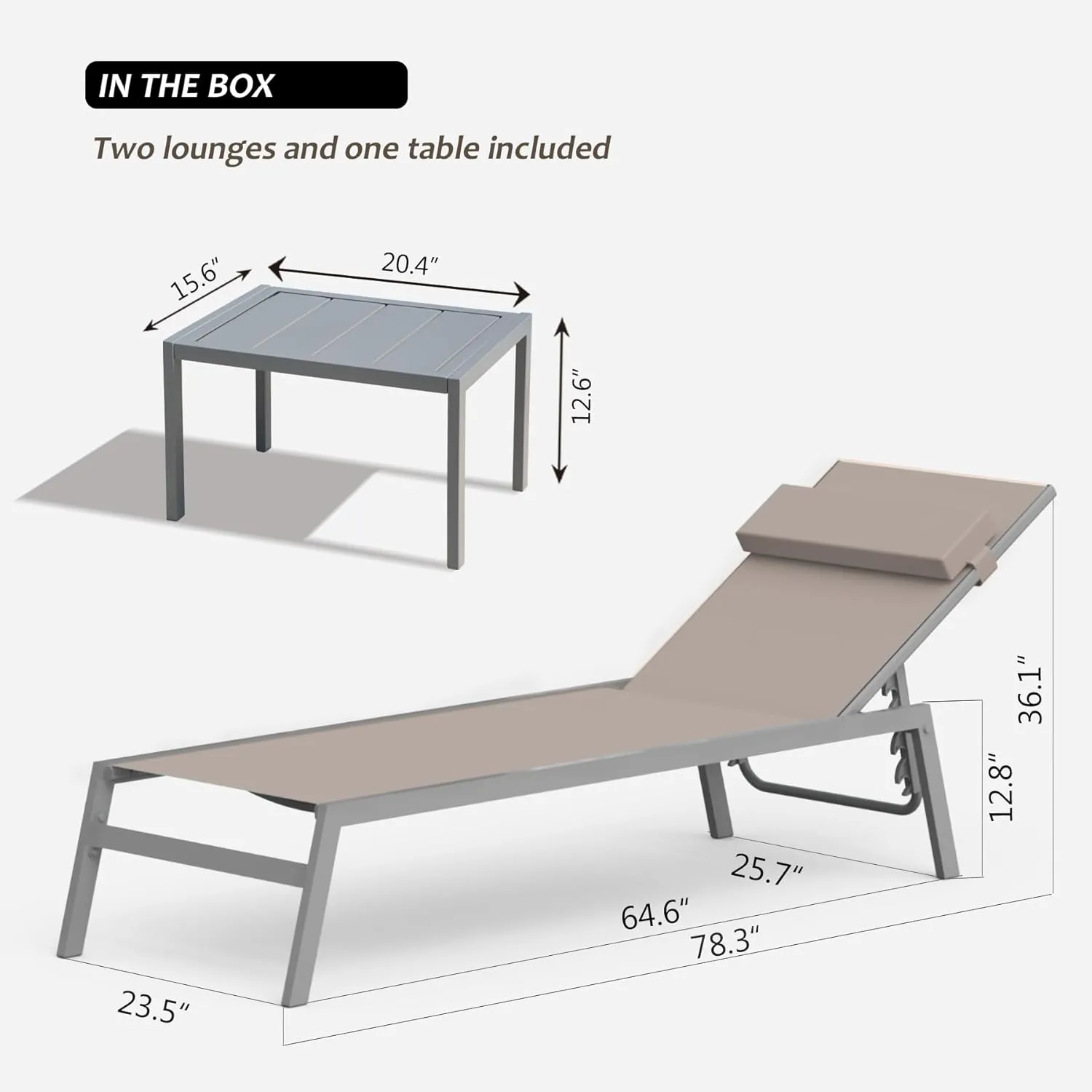 Domi Patio Chaise Lounge Set of 3,Aluminum Adjustable Pool Lounge Chairs with Side Table,Sunbathing Lounger for Deck Lawn Patio Backyard,Textilene - Khaki