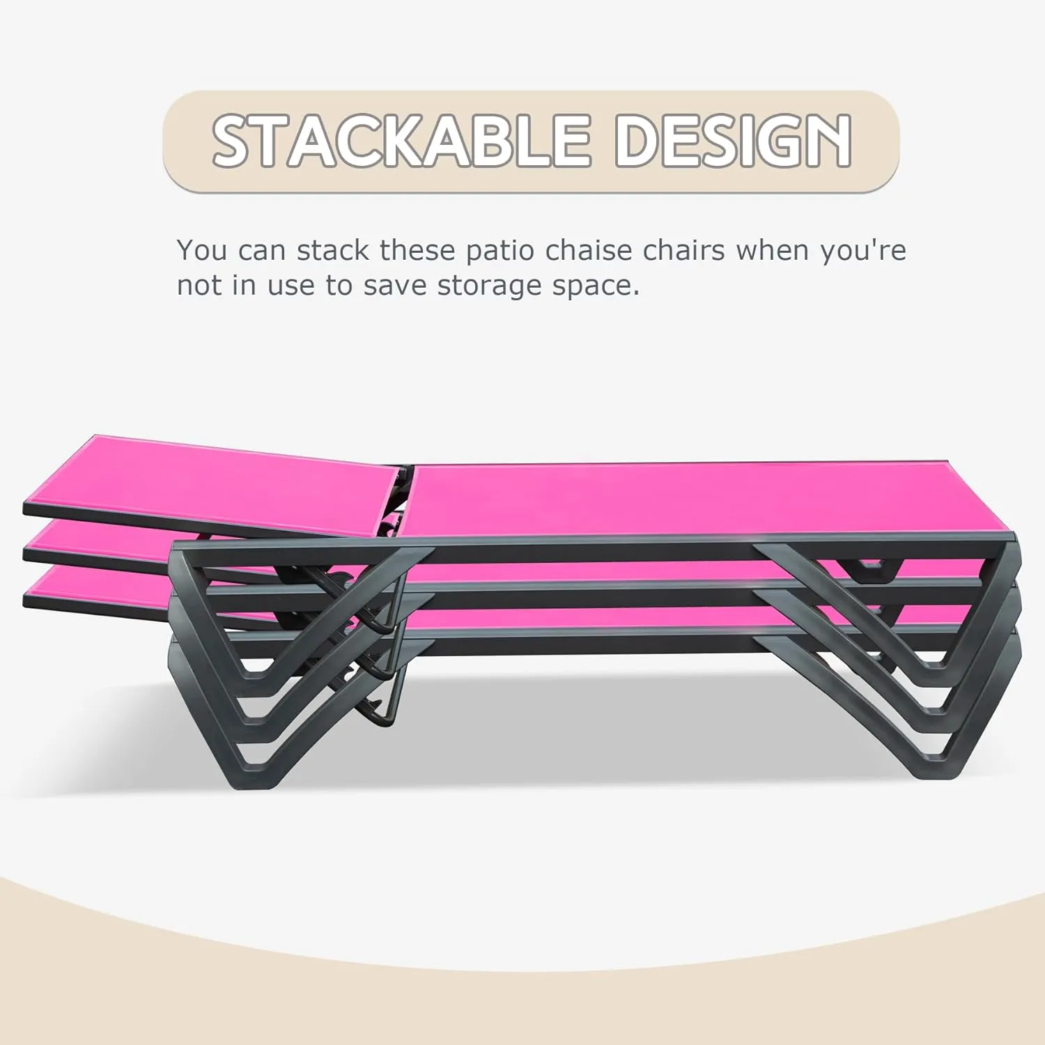 Domi Patio Lounge Chairs Set of 3, Aluminum Pool Chaise Lounge with Side Table,5 Position Adjustable Backrest and Wheels, Outdoor Lounge Chairs for Pool, Garden, Beach, Backyard, Hot Pink