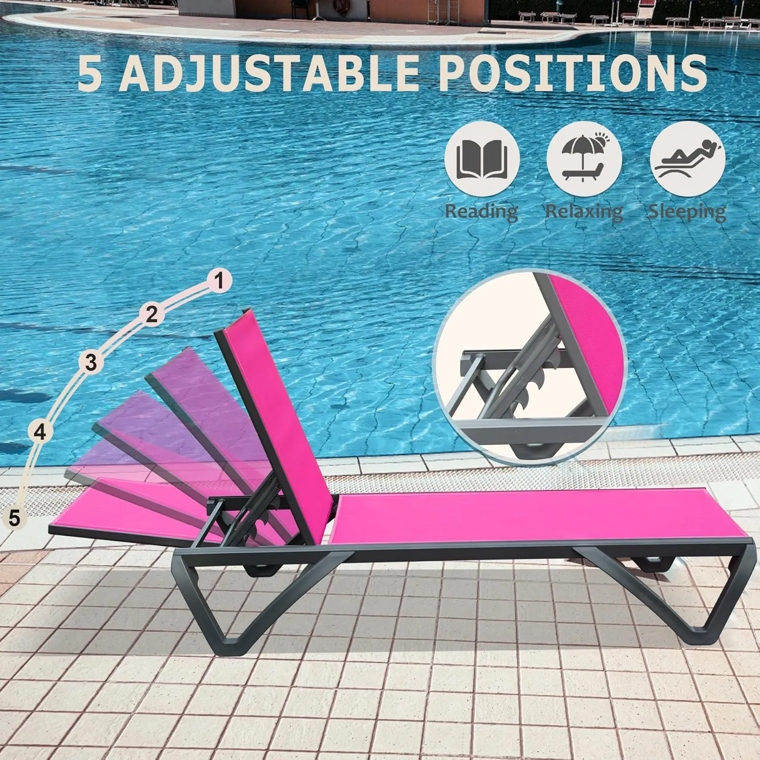 Domi Patio Lounge Chairs Set of 3, Aluminum Pool Chaise Lounge with Side Table,5 Position Adjustable Backrest and Wheels, Outdoor Lounge Chairs for Pool, Garden, Beach, Backyard, Hot Pink