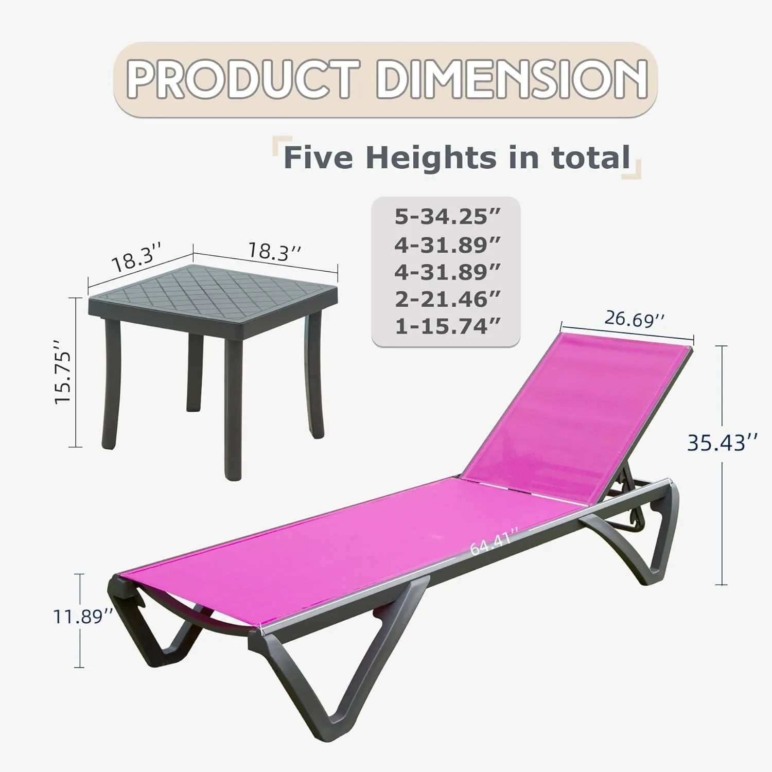 Domi Patio Lounge Chairs Set of 3, Aluminum Pool Chaise Lounge with Side Table,5 Position Adjustable Backrest and Wheels, Outdoor Lounge Chairs for Pool, Garden, Beach, Backyard, Hot Pink