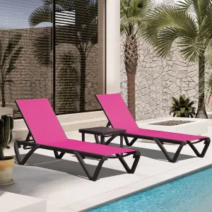 Domi Patio Lounge Chairs Set of 3, Aluminum Pool Chaise Lounge with Side Table,5 Position Adjustable Backrest and Wheels, Outdoor Lounge Chairs for Pool, Garden, Beach, Backyard, Hot Pink