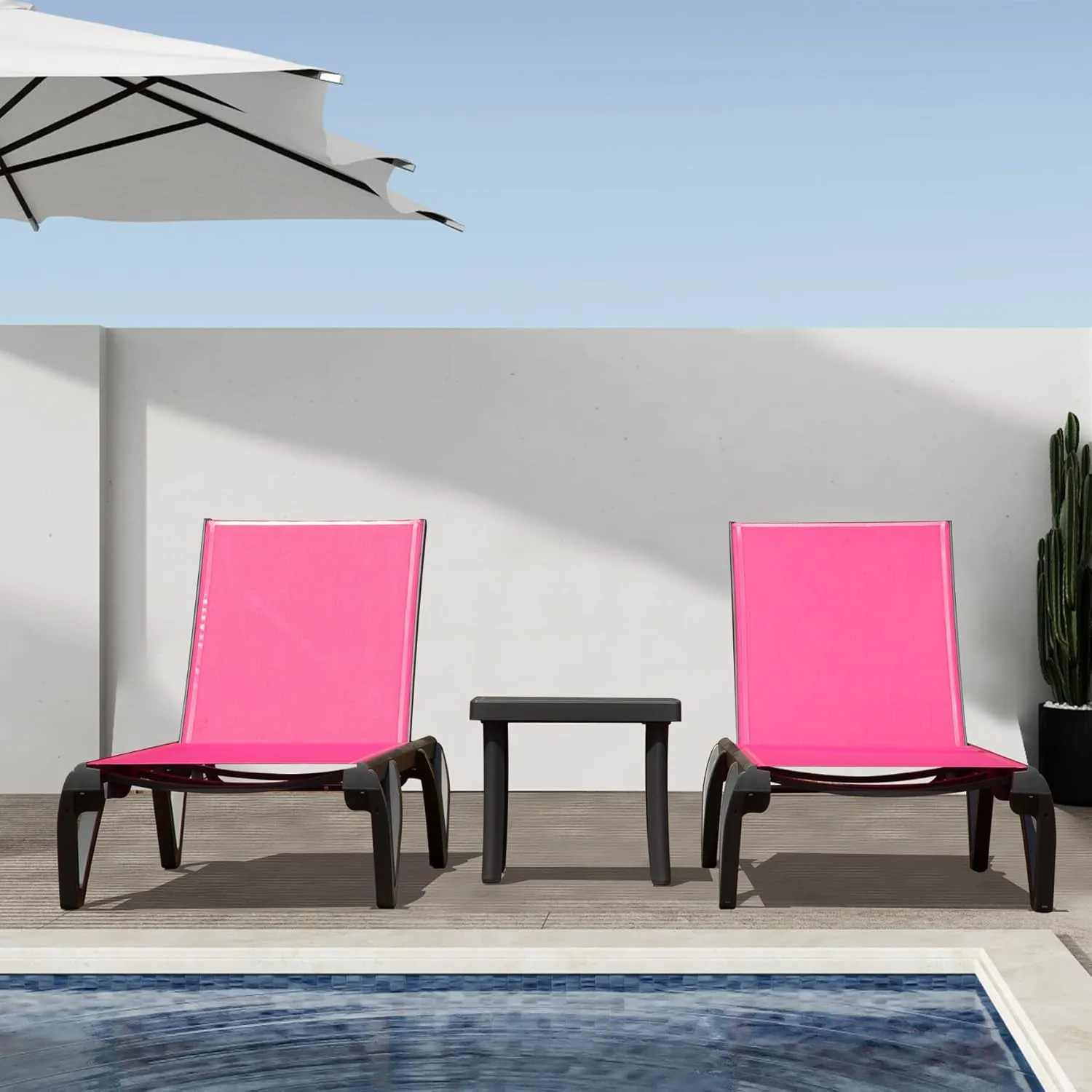 Domi Patio Lounge Chairs Set of 3, Aluminum Pool Chaise Lounge with Side Table,5 Position Adjustable Backrest and Wheels, Outdoor Lounge Chairs for Pool, Garden, Beach, Backyard, Hot Pink