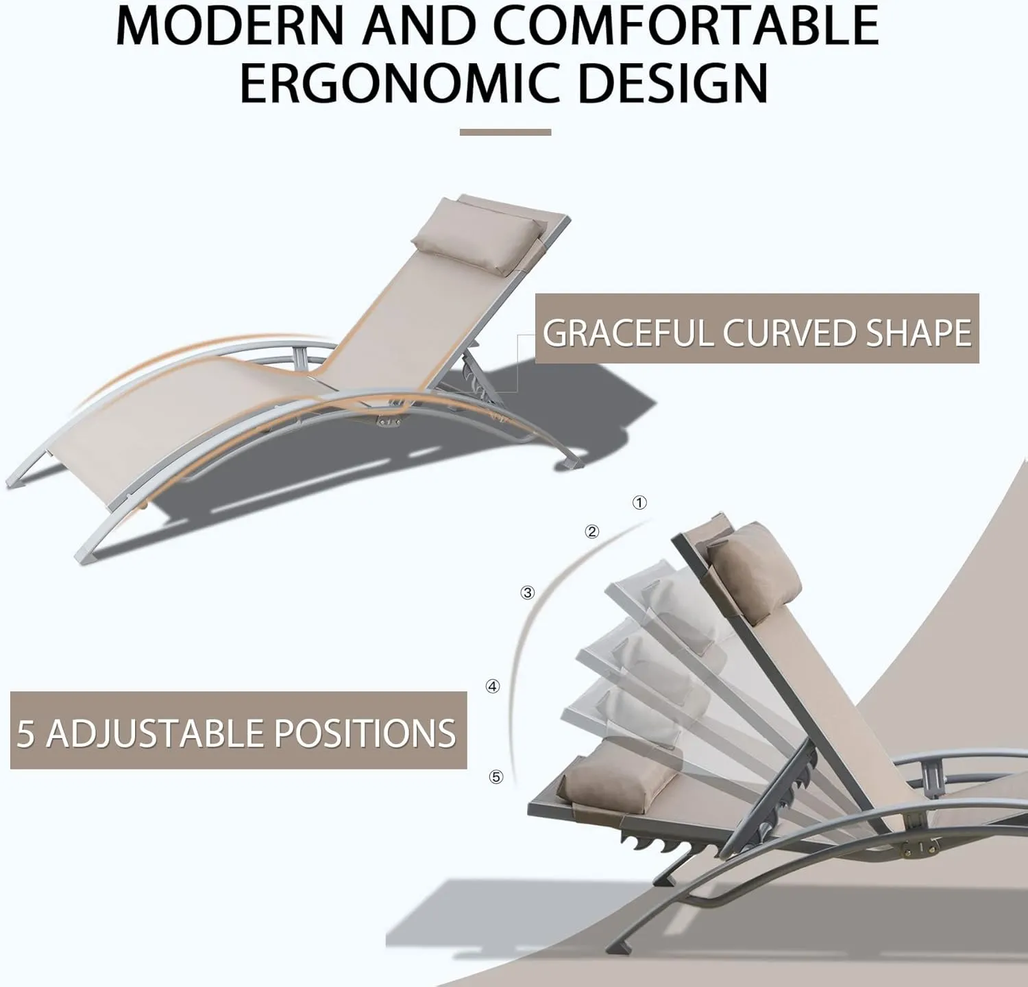 Domi Pool Lounge Chairs Set of 3, Adjustable Aluminum Outdoor Chaise Lounge Chairs with Metal Side Table, All Weather for Deck Lawn Poolside Backyard -Beige Textilene
