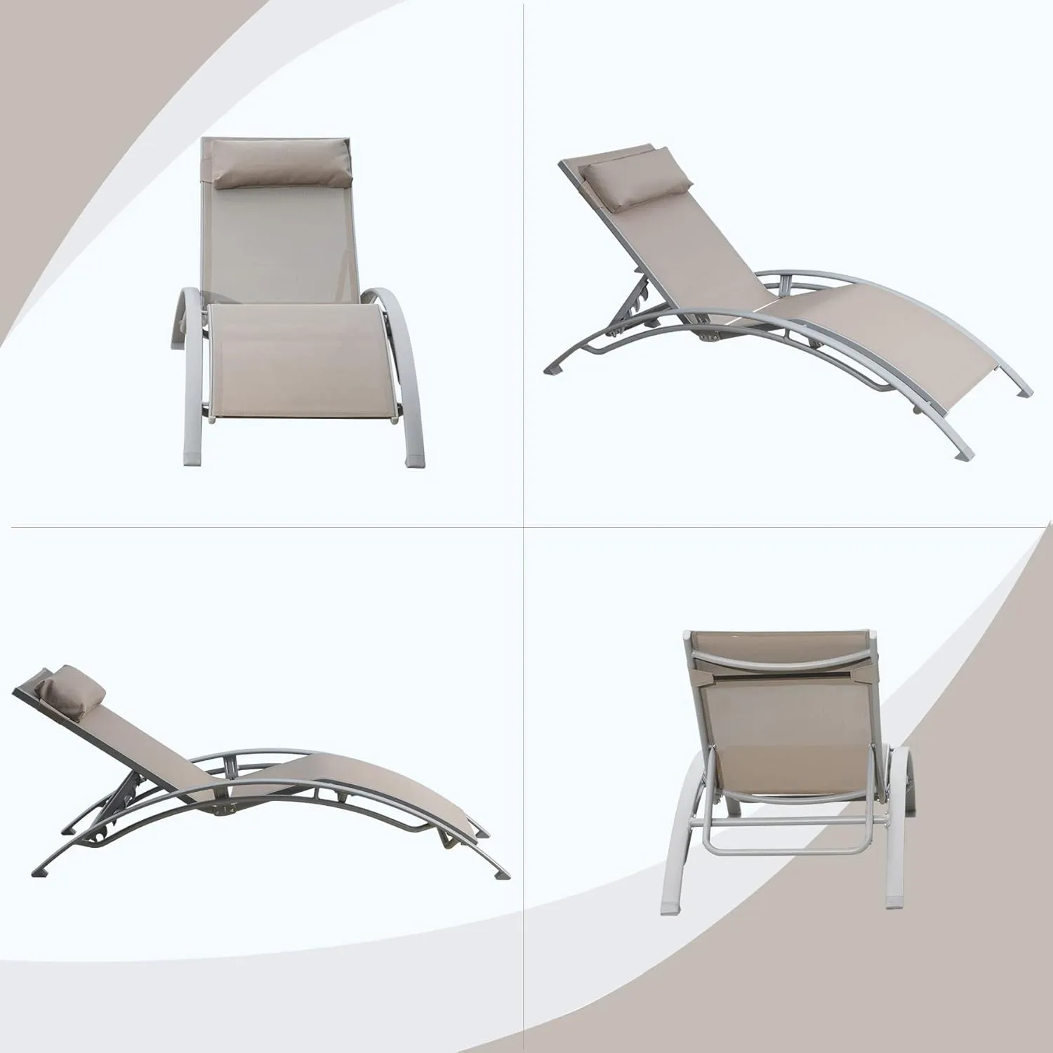 Domi Pool Lounge Chairs Set of 3, Adjustable Aluminum Outdoor Chaise Lounge Chairs with Metal Side Table, All Weather for Deck Lawn Poolside Backyard -Beige Textilene