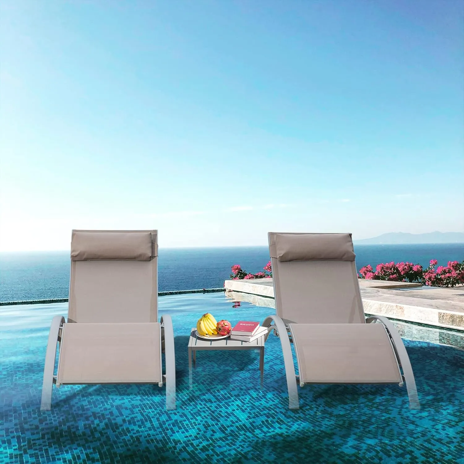 Domi Pool Lounge Chairs Set of 3, Adjustable Aluminum Outdoor Chaise Lounge Chairs with Metal Side Table, All Weather for Deck Lawn Poolside Backyard -Beige Textilene
