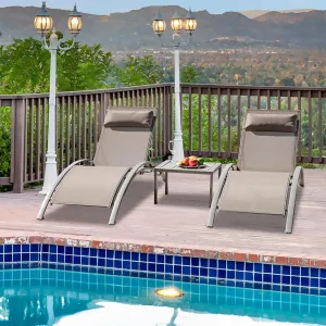Domi Pool Lounge Chairs Set of 3, Adjustable Aluminum Outdoor Chaise Lounge Chairs with Metal Side Table, All Weather for Deck Lawn Poolside Backyard -Beige Textilene