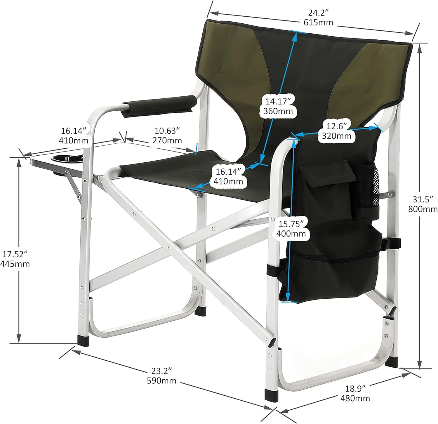Donext 1PC Camping Chair, Portable Aluminum Directors Chair with Side Table Detachable Side Pocket for Outdoor Camping, Lawn, Picnic, Support 400lbs, Green
