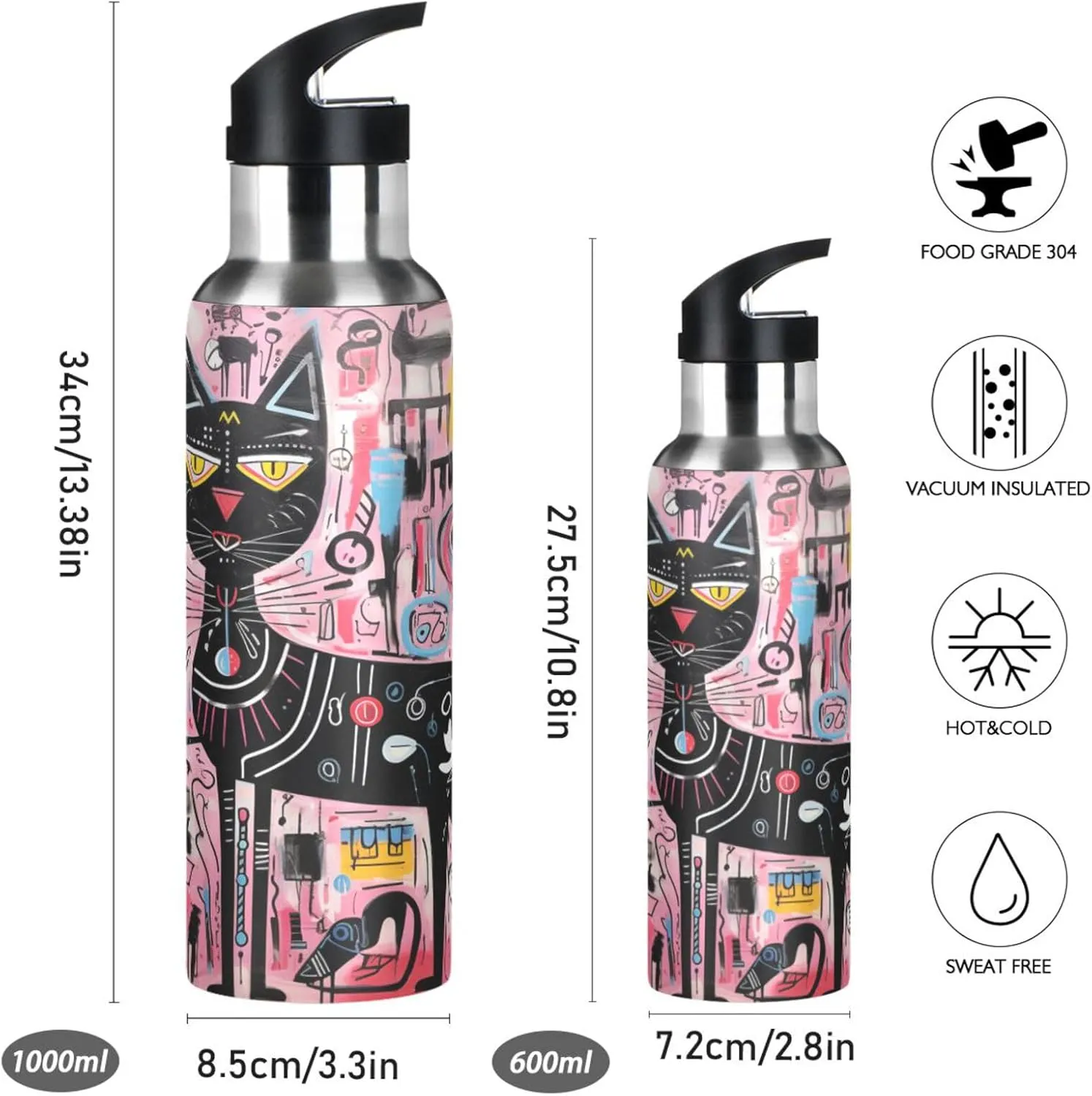 Doodle Art Black Cat Sport Water Bottle Insulated Stainless Steel Large Vacuum Flask Leak Proof Thermos with Straw for Travel(600ml/1000ml)