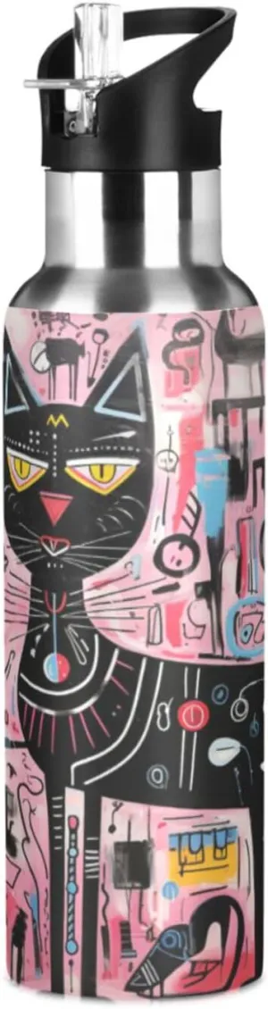 Doodle Art Black Cat Sport Water Bottle Insulated Stainless Steel Large Vacuum Flask Leak Proof Thermos with Straw for Travel(600ml/1000ml)