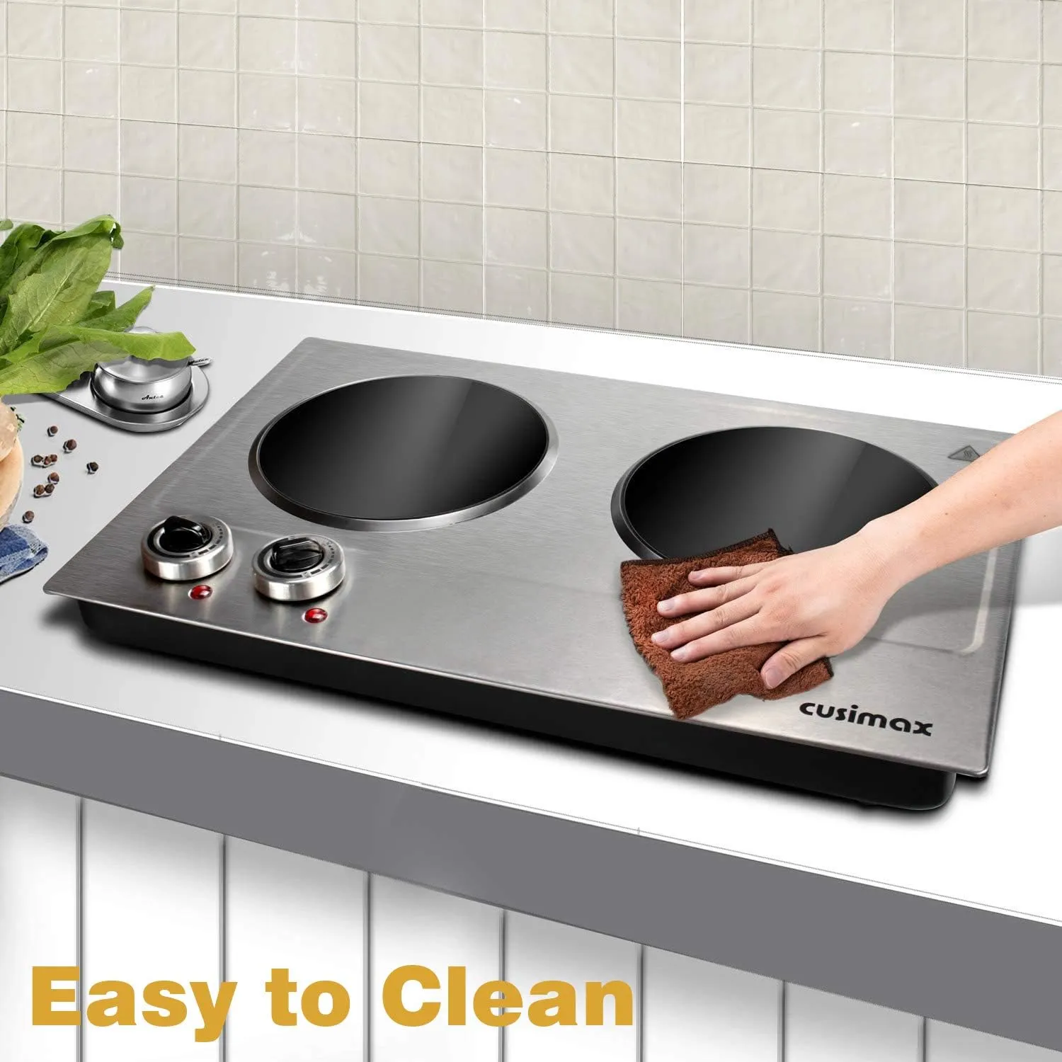 Double Burner, CUSIMAX 1800W Ceramic Electric Hot Plate for Cooking, Dual Control Infrared Cooktop, Portable Countertop Burner, Glass Plate Electric Cooktop, Silver, Stainless Steel-Upgraded Version