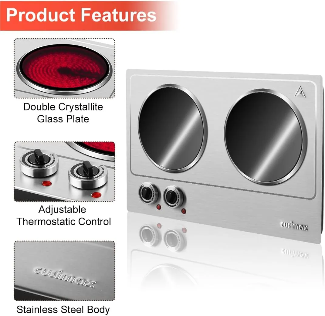 Double Burner, CUSIMAX 1800W Ceramic Electric Hot Plate for Cooking, Dual Control Infrared Cooktop, Portable Countertop Burner, Glass Plate Electric Cooktop, Silver, Stainless Steel-Upgraded Version