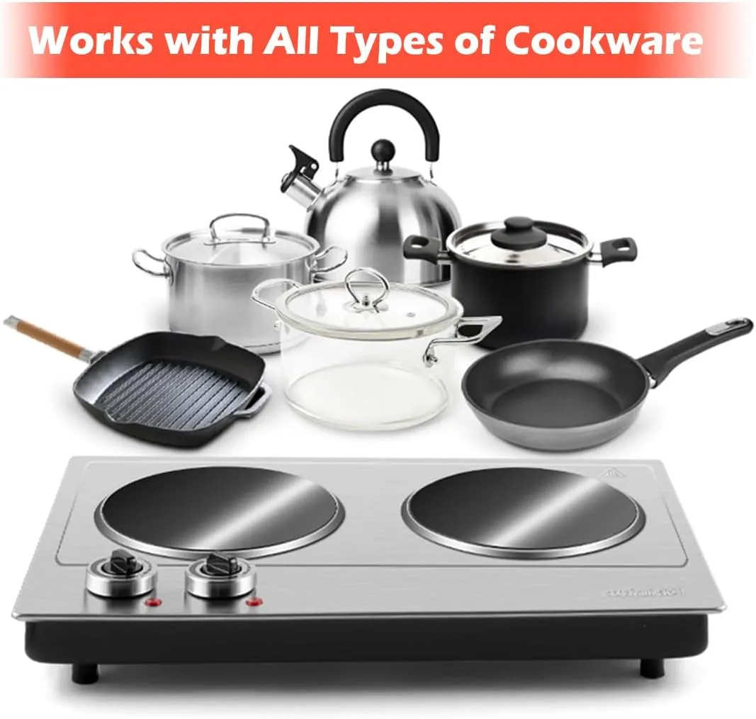 Double Burner, CUSIMAX 1800W Ceramic Electric Hot Plate for Cooking, Dual Control Infrared Cooktop, Portable Countertop Burner, Glass Plate Electric Cooktop, Silver, Stainless Steel-Upgraded Version