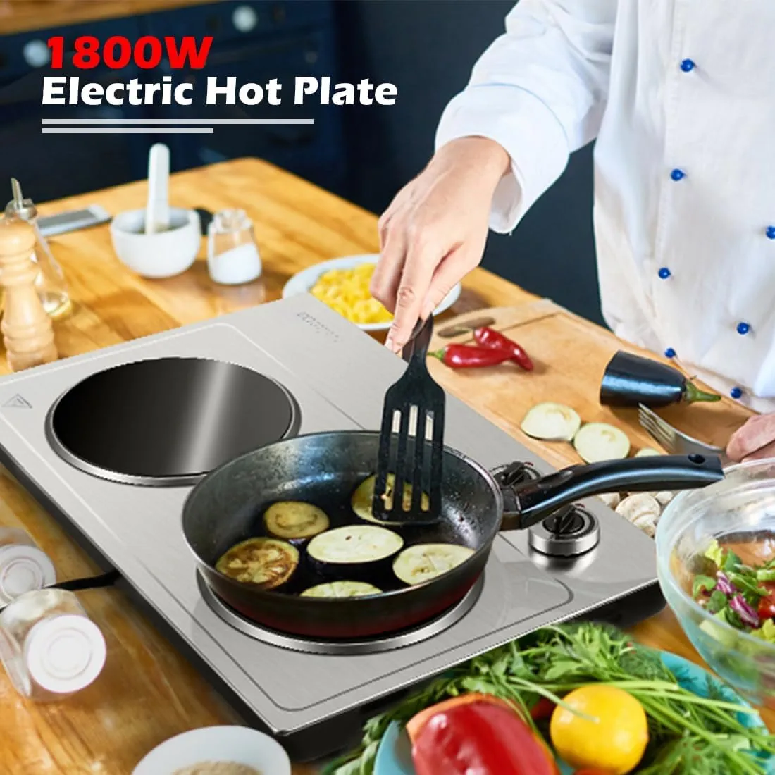 Double Burner, CUSIMAX 1800W Ceramic Electric Hot Plate for Cooking, Dual Control Infrared Cooktop, Portable Countertop Burner, Glass Plate Electric Cooktop, Silver, Stainless Steel-Upgraded Version