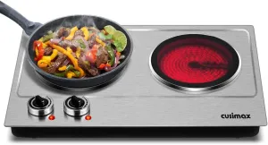 Double Burner, CUSIMAX 1800W Ceramic Electric Hot Plate for Cooking, Dual Control Infrared Cooktop, Portable Countertop Burner, Glass Plate Electric Cooktop, Silver, Stainless Steel-Upgraded Version