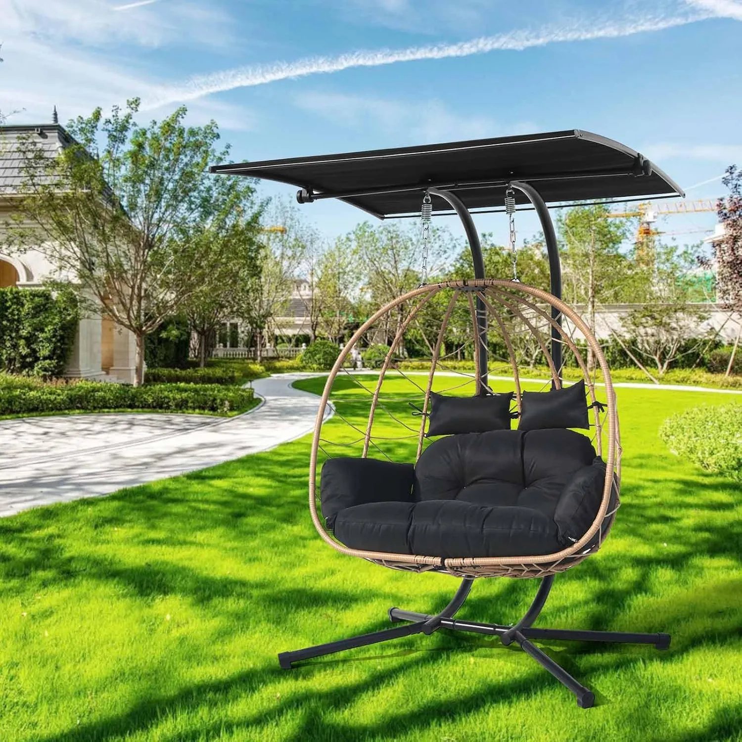 Double Egg Chair wth Stand Hammock Swing Chair Foldable Hanging Loveseat, Outdoor Hammock Egg Chair for Patio, Bedroom, Garden and Balcony (Black)
