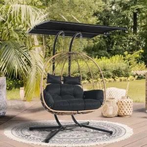 Double Egg Chair wth Stand Hammock Swing Chair Foldable Hanging Loveseat, Outdoor Hammock Egg Chair for Patio, Bedroom, Garden and Balcony (Black)