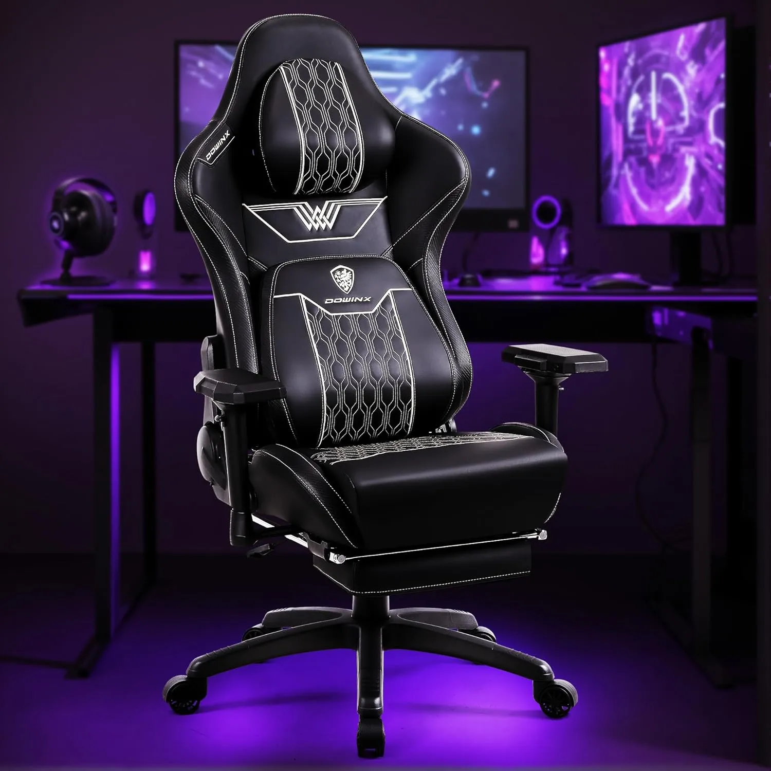 Dowinx Big and Tall Gaming Chair with Footrest, High Back Ergonomic Office Chair with Comfortable Headrest and Lumbar Support, 4D Armrests Computer Chair for Adults, Pu Leather, Black