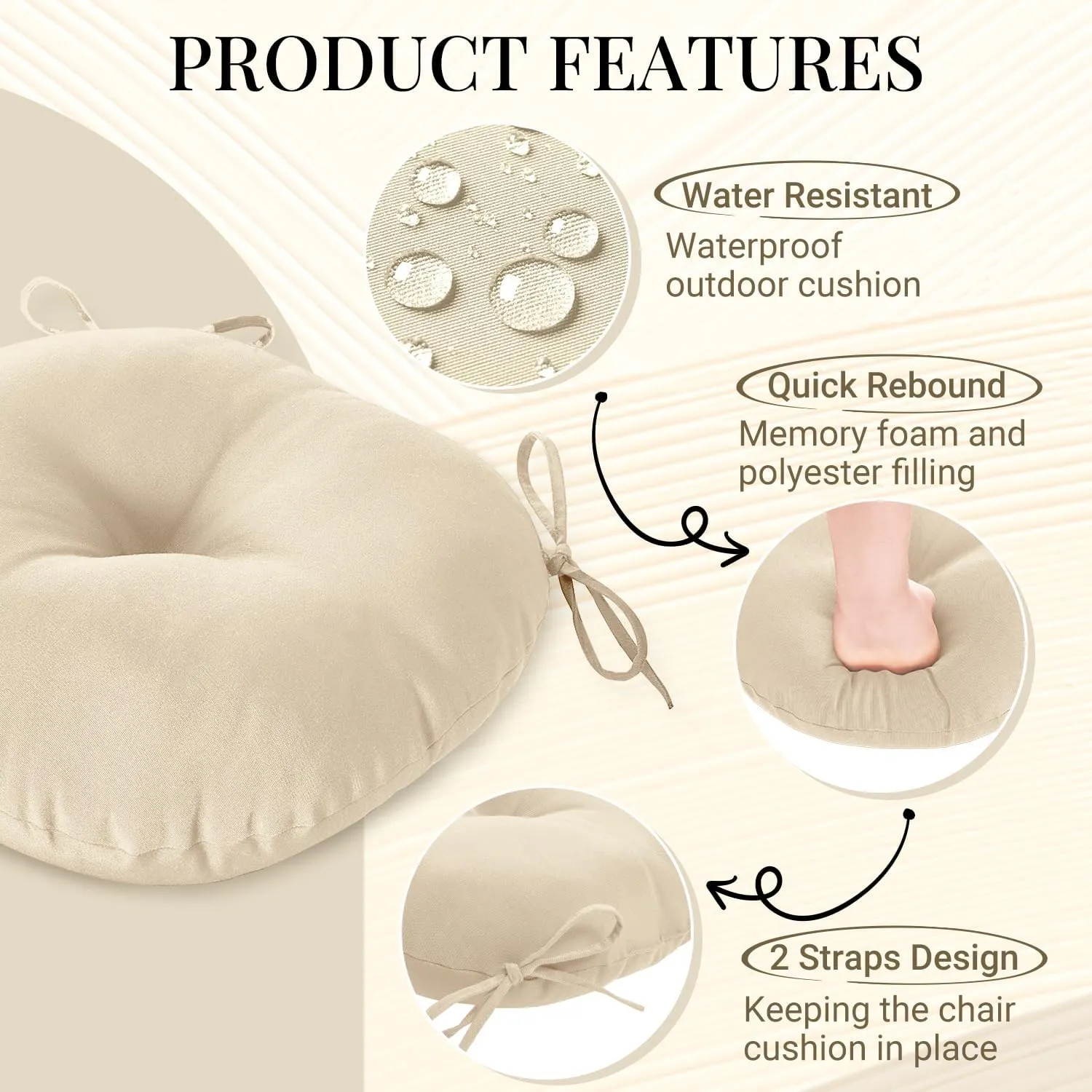 downluxe Bistro Chair Cushions for Patio Furniture, Water-Resistant Round Outdoor Chair Cushions Set of 4 with Non-Slip Ties, 15" x 15", Beige
