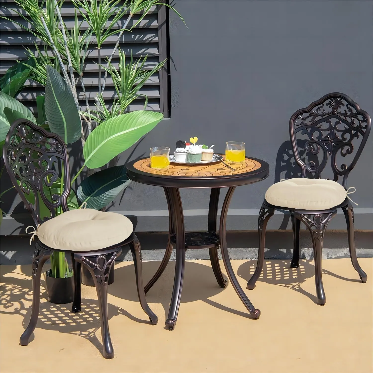 downluxe Bistro Chair Cushions for Patio Furniture, Water-Resistant Round Outdoor Chair Cushions Set of 4 with Non-Slip Ties, 15" x 15", Beige