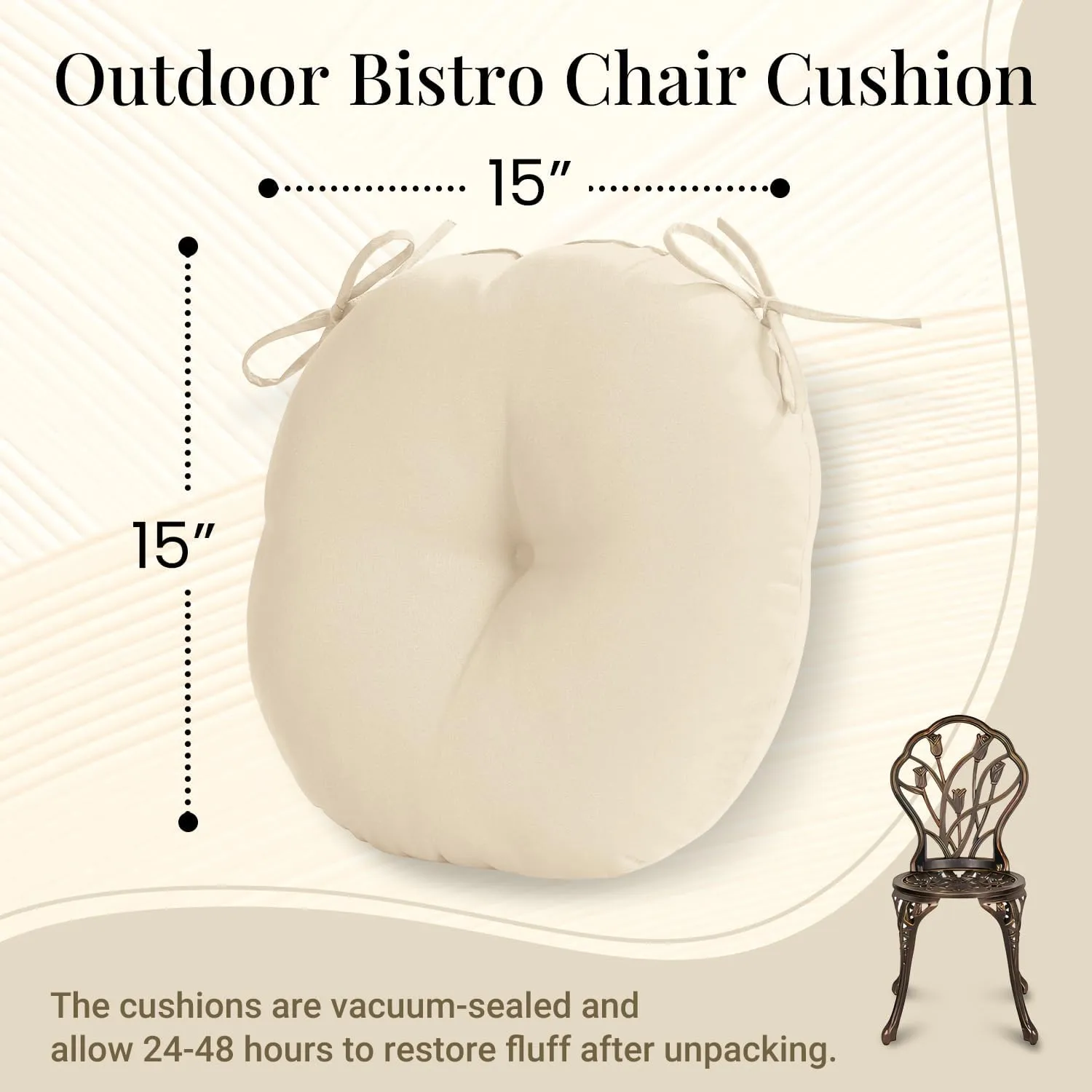 downluxe Bistro Chair Cushions for Patio Furniture, Water-Resistant Round Outdoor Chair Cushions Set of 4 with Non-Slip Ties, 15" x 15", Beige