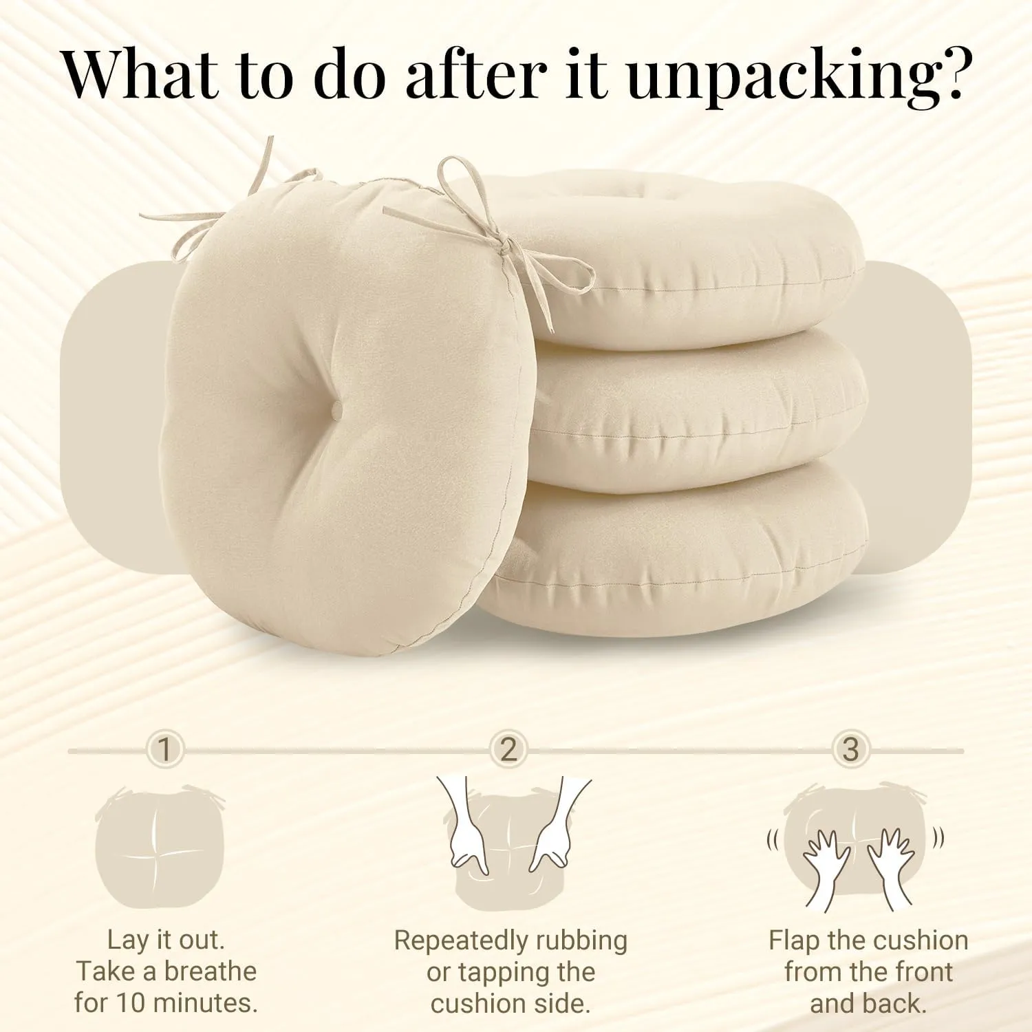 downluxe Bistro Chair Cushions for Patio Furniture, Water-Resistant Round Outdoor Chair Cushions Set of 4 with Non-Slip Ties, 15" x 15", Beige
